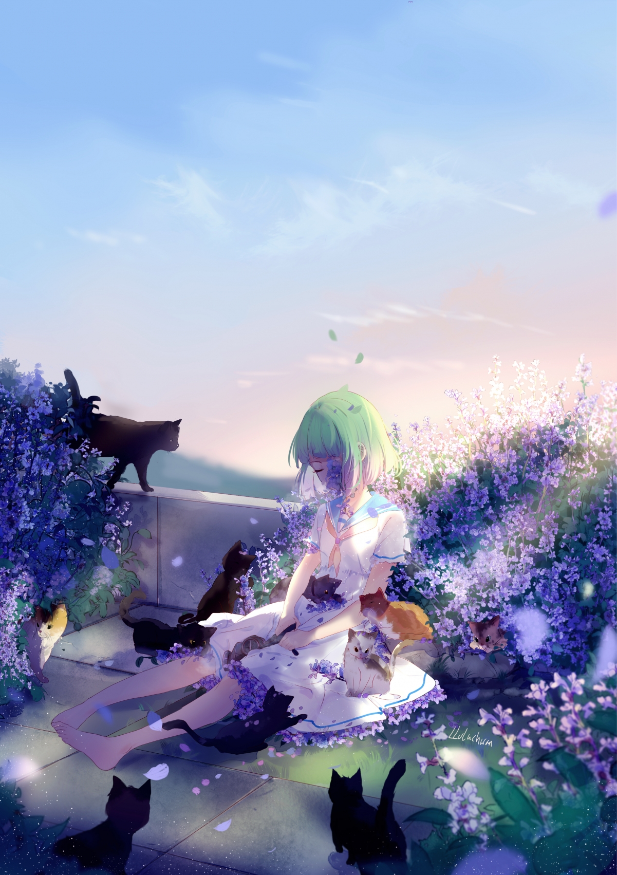 小女孩与鲜花猫咪的梦幻邂逅，4K超清竖屏动漫壁纸，2748x3898高清下载