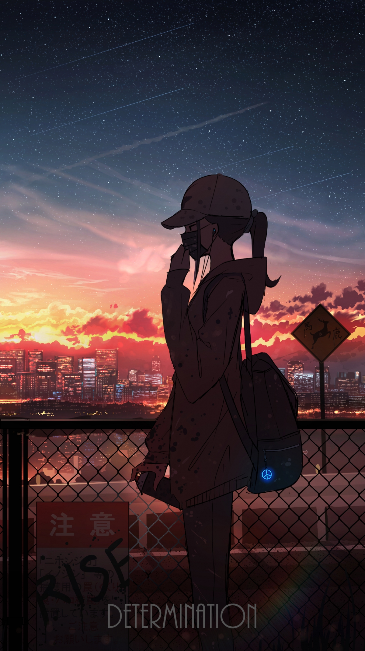 戴口罩女孩赏夕阳，美景如画，2K/4K高清手机壁纸下载（1480x2636）
