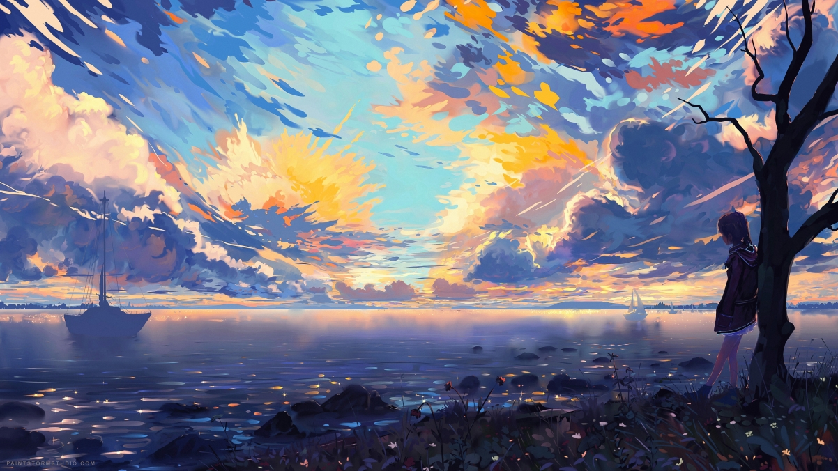 绝美女孩海岸云景，4K高清动漫壁纸，3840x2160超高清下载