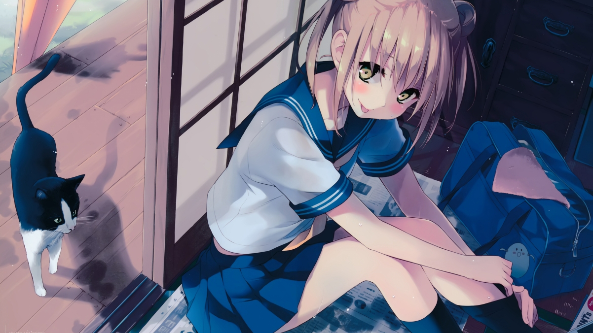 青春校服少女与萌猫共舞，精选4K动漫壁纸，高清3840x2160下载
