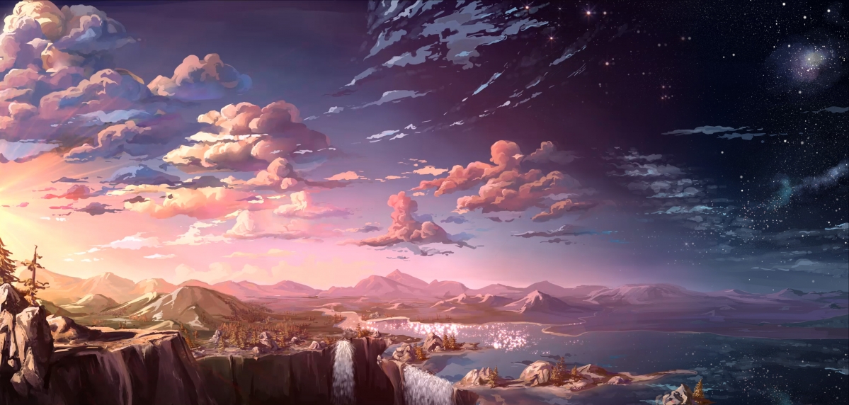 绝美瀑布日落动漫风景，高清4K壁纸，4526x2160分辨率，一键下载！