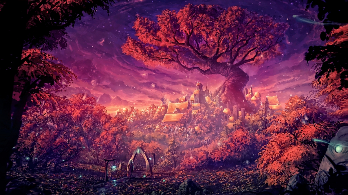 科幻森林秘境，高清4K树木与房子绘画壁纸，3840x2160超清下载