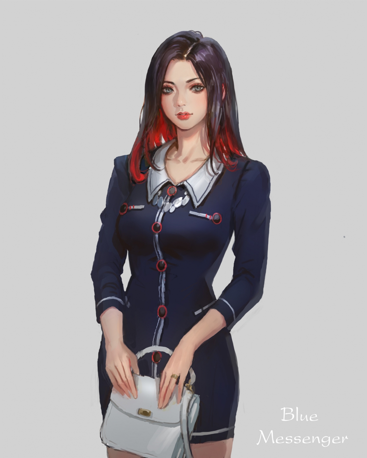 高清动漫美女壁纸，蓝色制服包臀裙，适配2K/4K手机屏，1920x2396分辨率下载