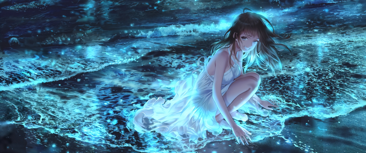 少女微笑蹲海岸，白裙随风舞，夜晚水波荡漾，4K高清壁纸下载