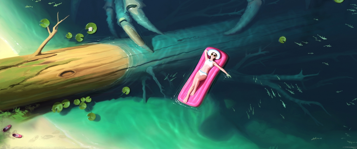 森林水趣，比基尼女孩与鱼儿共舞，高清4K插画壁纸下载