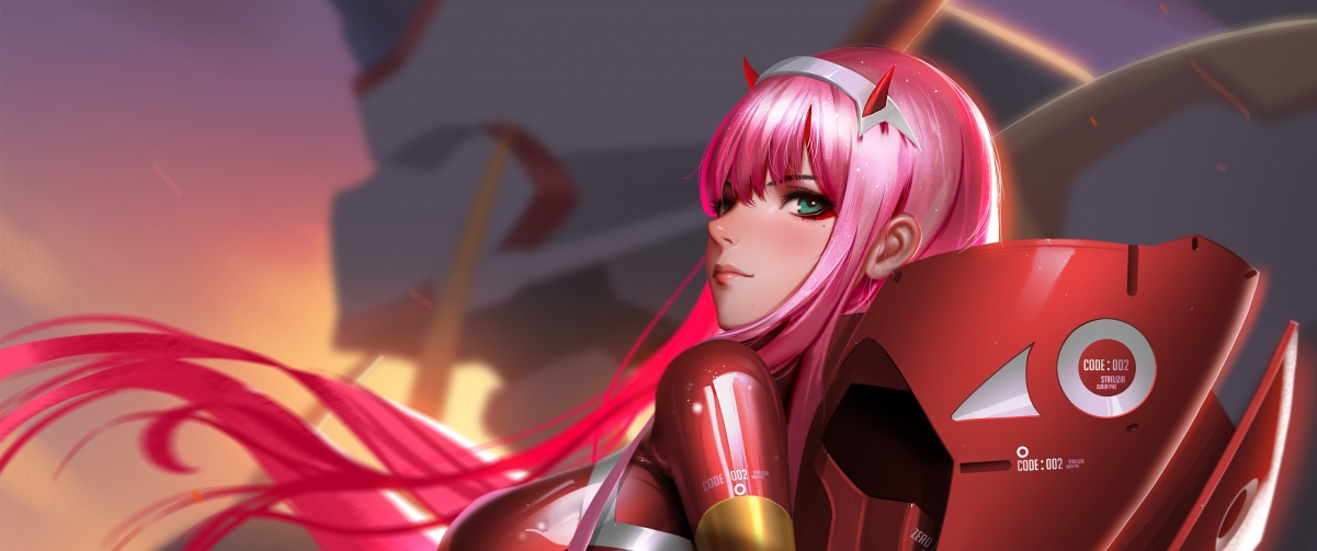 《DARLING in the FRANXX》高清壁纸，粉色长发美女，水眸弓背，性感紧身衣，4K超清享受
