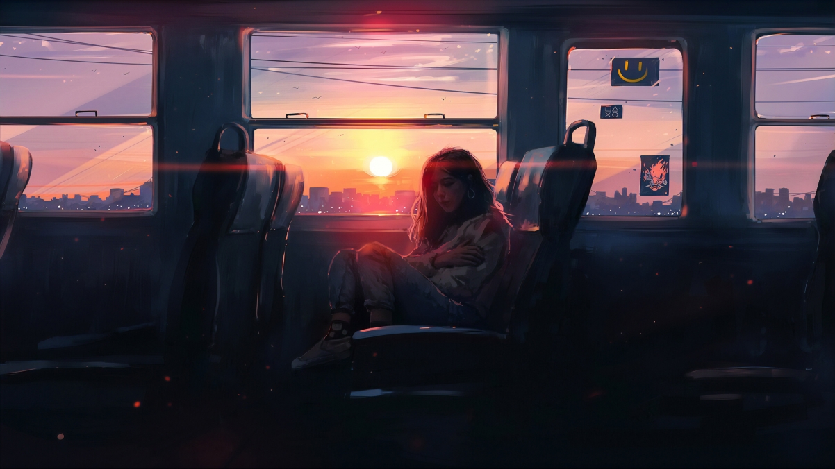 赛博朋克2077，日落火车女孩高清4K壁纸，唯美动漫风，3840x2160分辨率免费下载