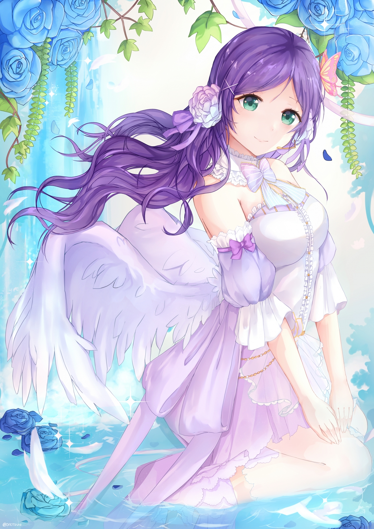 紫发天使少女梦幻花园，仙境风光4K竖屏手机壁纸，高清大图3507x4960，免费下载