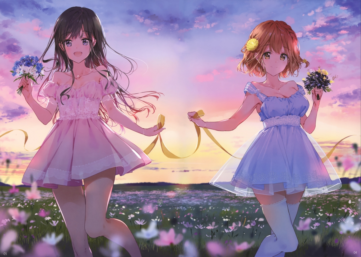两个女孩共舞花裙，天空日落映美景——4K高清动漫壁纸下载（4226x3005）
