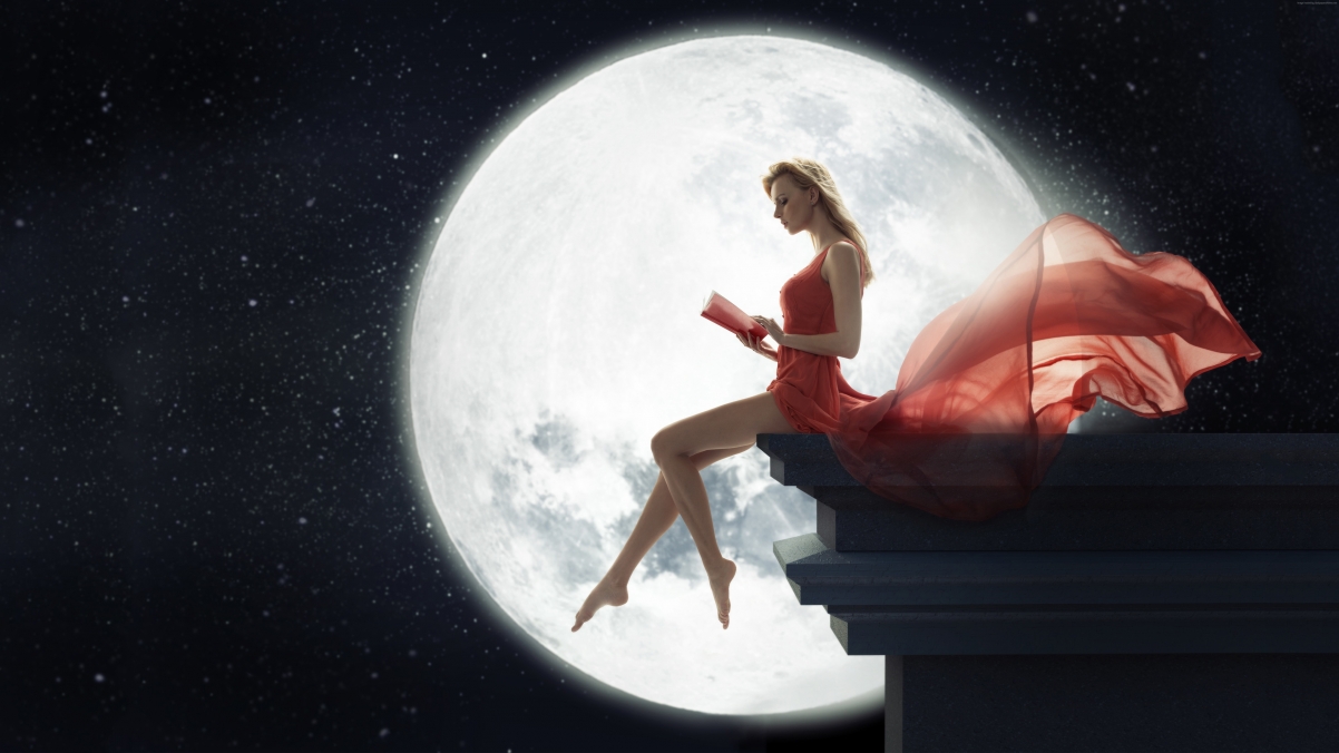 女孩红裙映月，星辉伴读，超清4K壁纸，3840x2160极致体验，免费下载