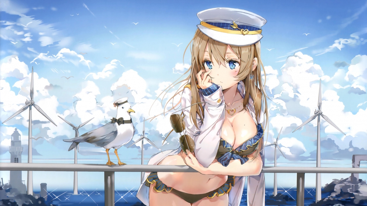 海边动漫女生戴海军帽，绝美4K壁纸，高清3840x2160下载