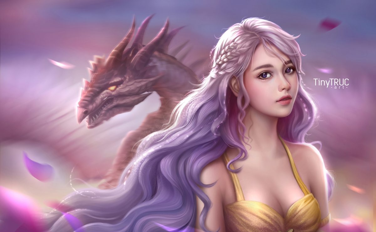 幻想艺术之美，女孩与紫色大波浪龙，惊艳4K动漫壁纸高清下载