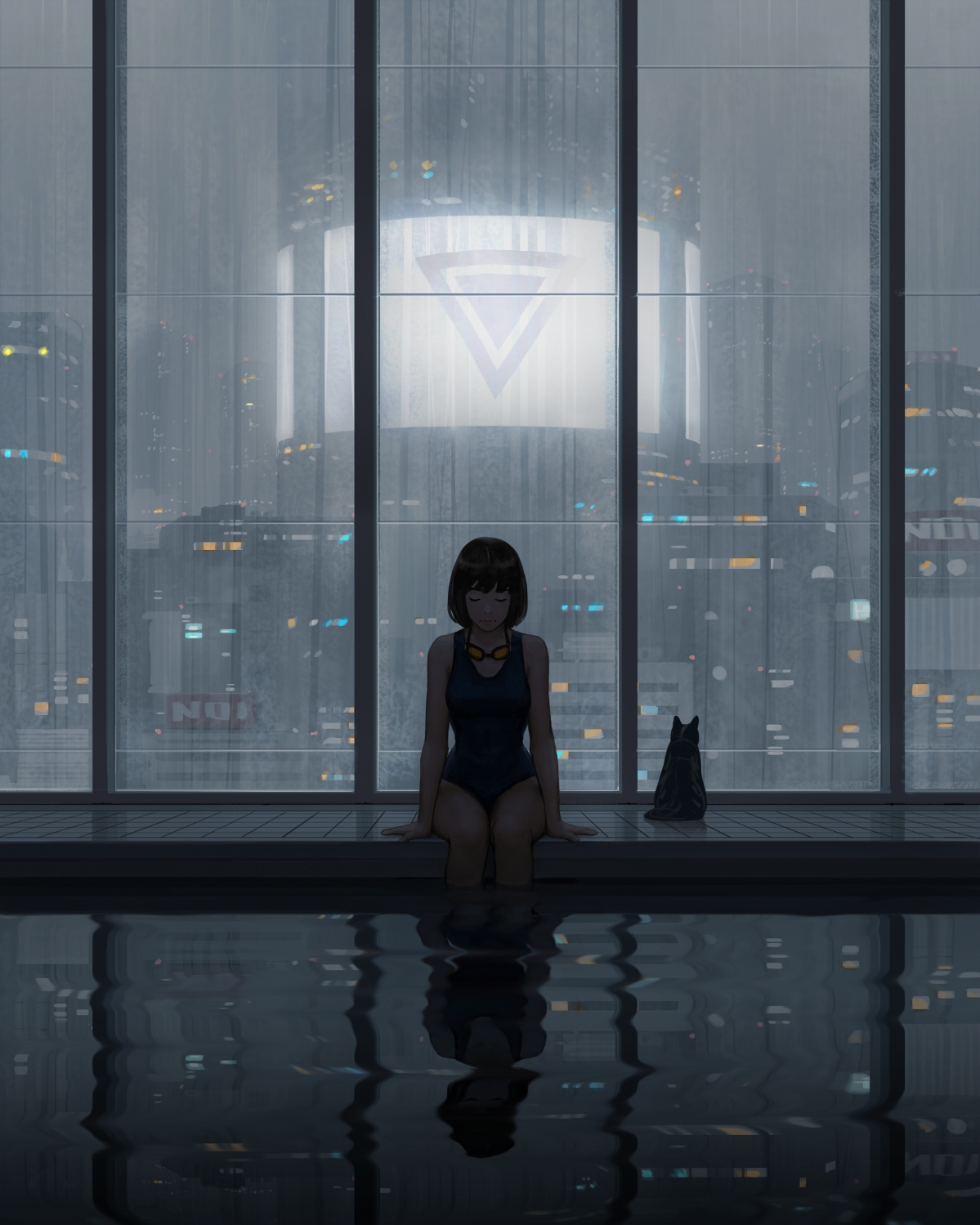 动漫女孩闭目静坐，连体泳衣优雅入镜，猫咪相伴，泳池与玻璃映景，竖屏4K高清壁纸下载