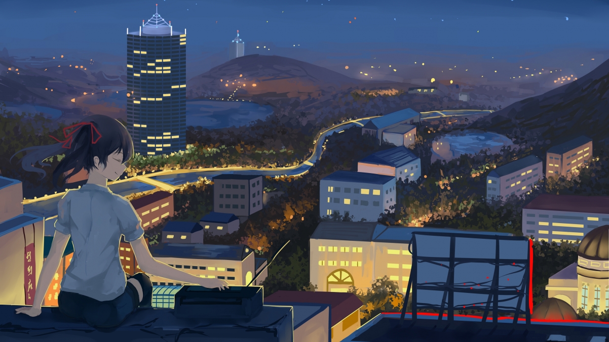 夜晚云城之巅，女孩在屋顶守望星空，Love Live偶像校园风情，4K超清壁纸动漫美图