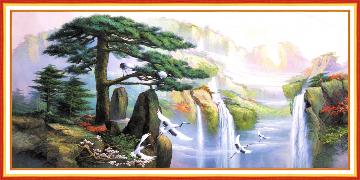 迎客松水墨壁画，高清6K/4K背景图片，精美壁纸6614x3308，免费下载