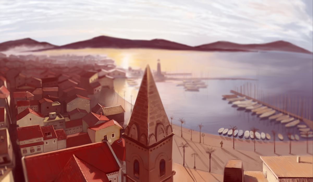 海边钟楼美景插画，4K高清动漫壁纸，超清分辨率4961x2884，免费下载