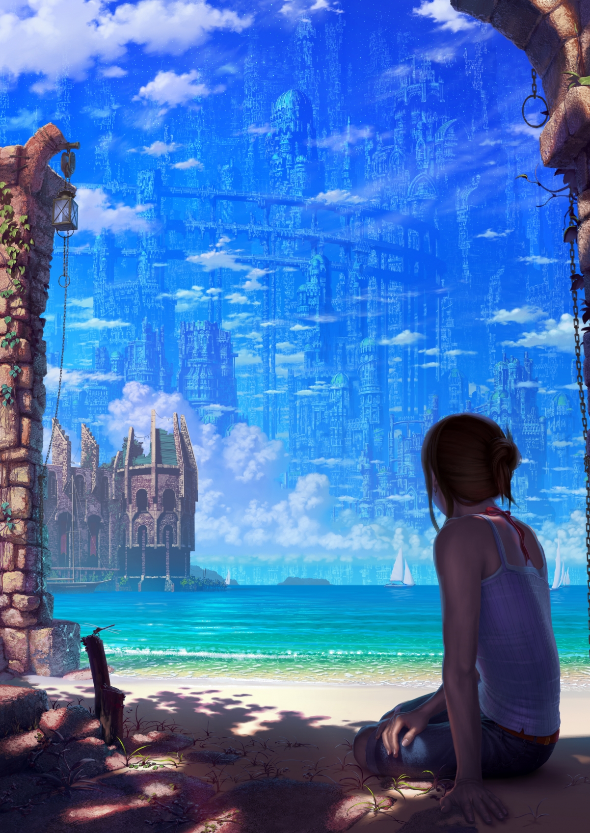 海边摩天楼幻境，绝美女生动漫插画壁纸，高清4K下载