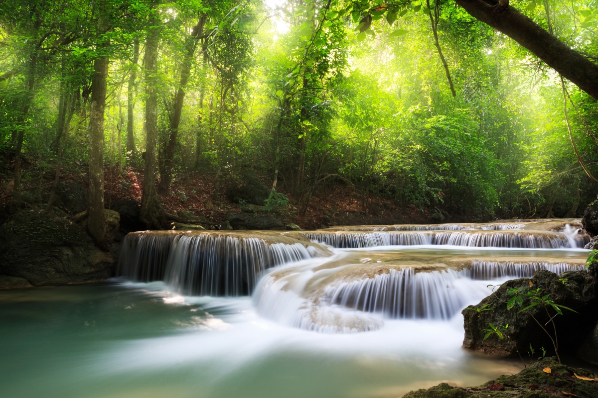 瀑布森林美景，树木葱茏映蓝天，4K超清自然壁纸，4300x2867高清下载