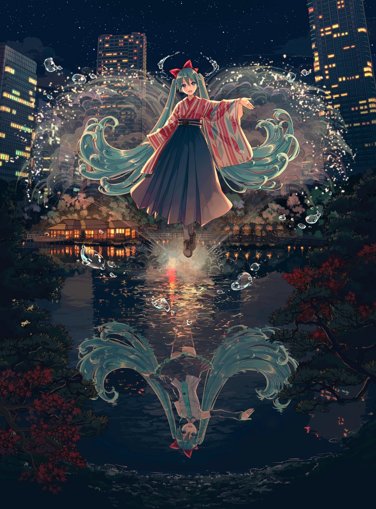 初音未来浪漫庭园水镜风光，超清4K手机壁纸，2000x2705高清下载