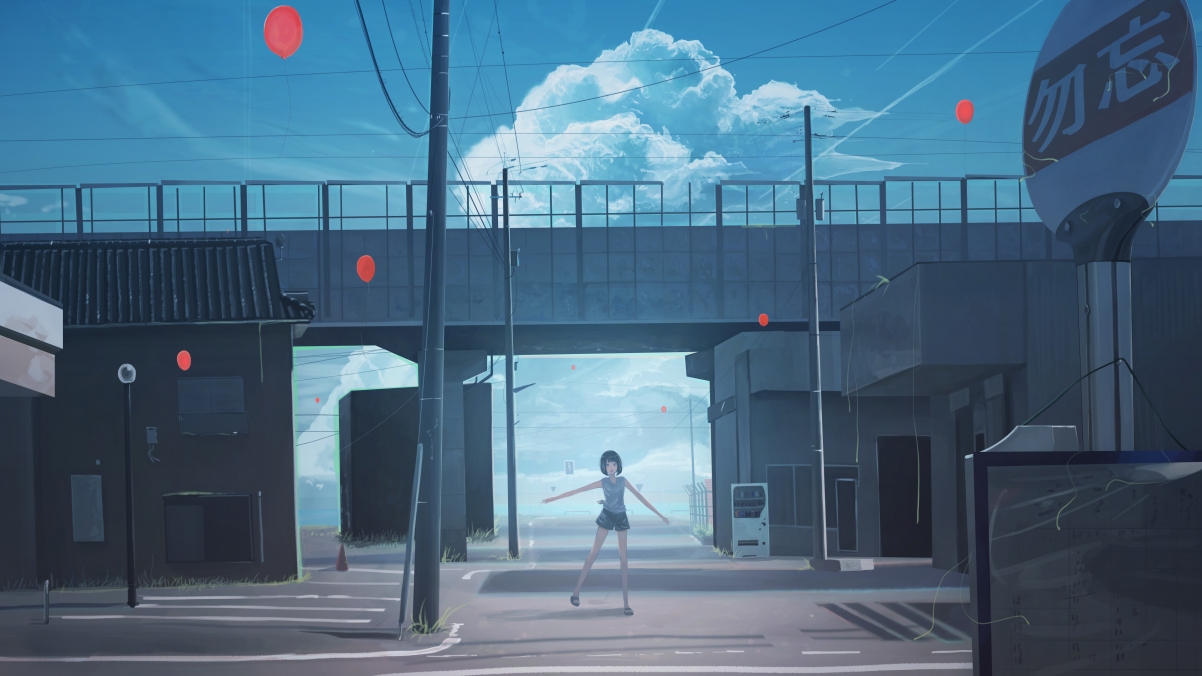 夏日女孩高架桥下插画，梦幻天空4K动漫壁纸，高清3840x2160免费下载