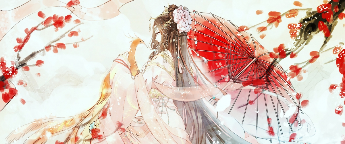 女子执伞伴孔雀，唯美动漫花卉壁纸，高清4K下载