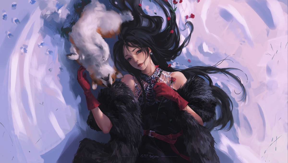 冬日雪地女孩与玫瑰小狗，绝美4K动漫壁纸，高清4000x2274免费下载