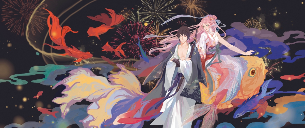 金鱼花火绝美壁纸，4K带鱼屏动漫风，高清3440x1440免费下载