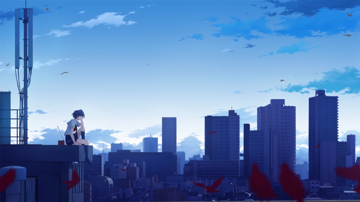 城市天空下，屋顶上听音乐的女孩——超高清4K动漫壁纸下载，绝美画质3840x2160