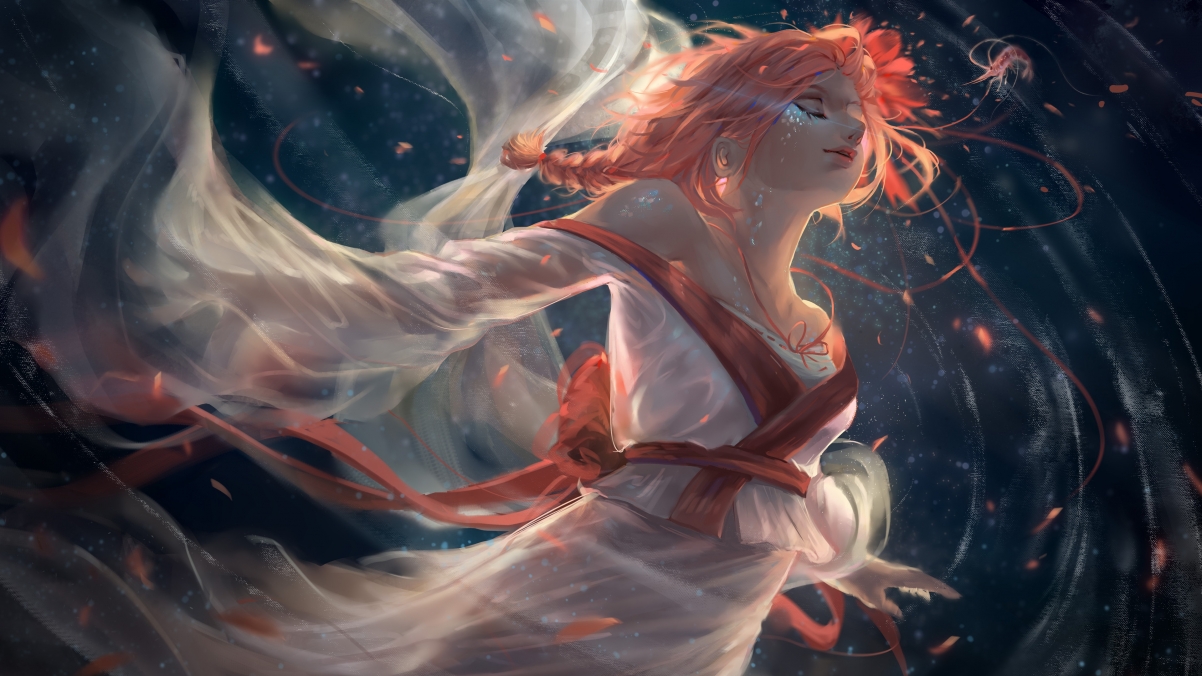 幻想女孩红发和服倩影，唯美艺术4K动漫壁纸，高清3840x2160下载