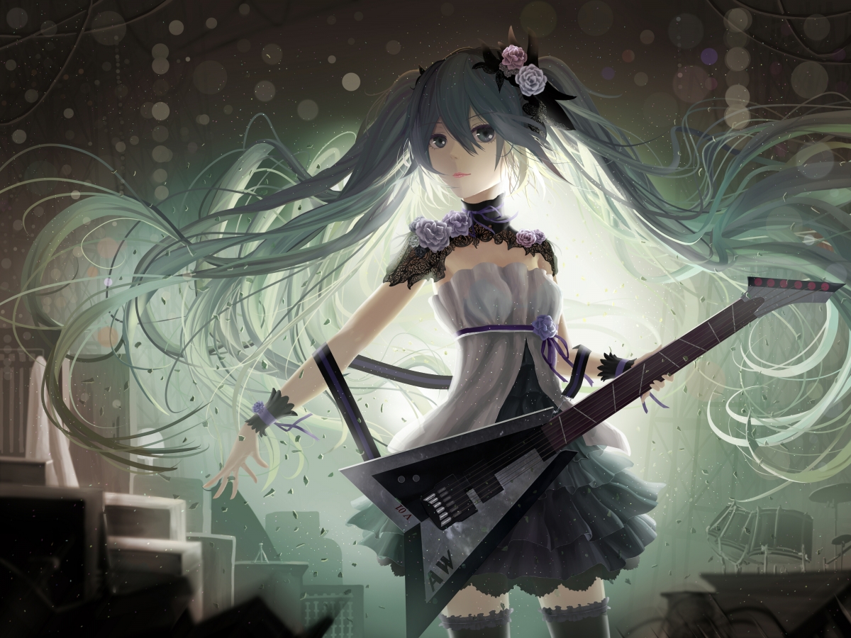 VOCALOID吉他女孩微笑，初音未来4K高清壁纸，4000x3000动漫美图下载