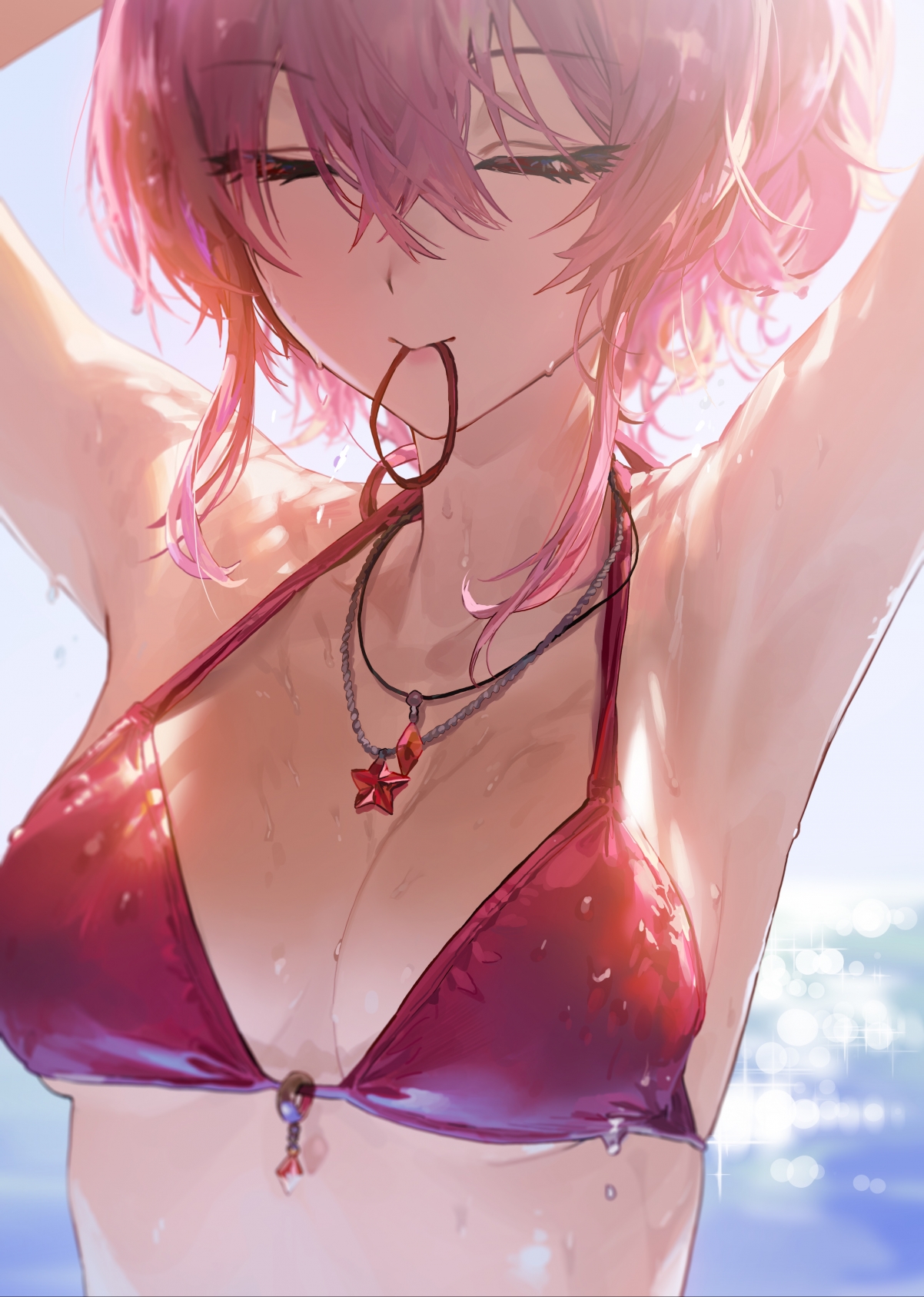 性感美女红色比基尼泳衣动漫竖屏4K超清手机壁纸，高清2976x4175下载