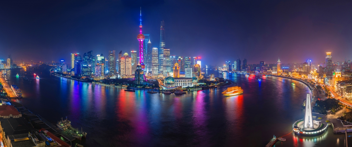 上海外滩夜景全景风光，绝美4K壁纸，3440x1440高清下载