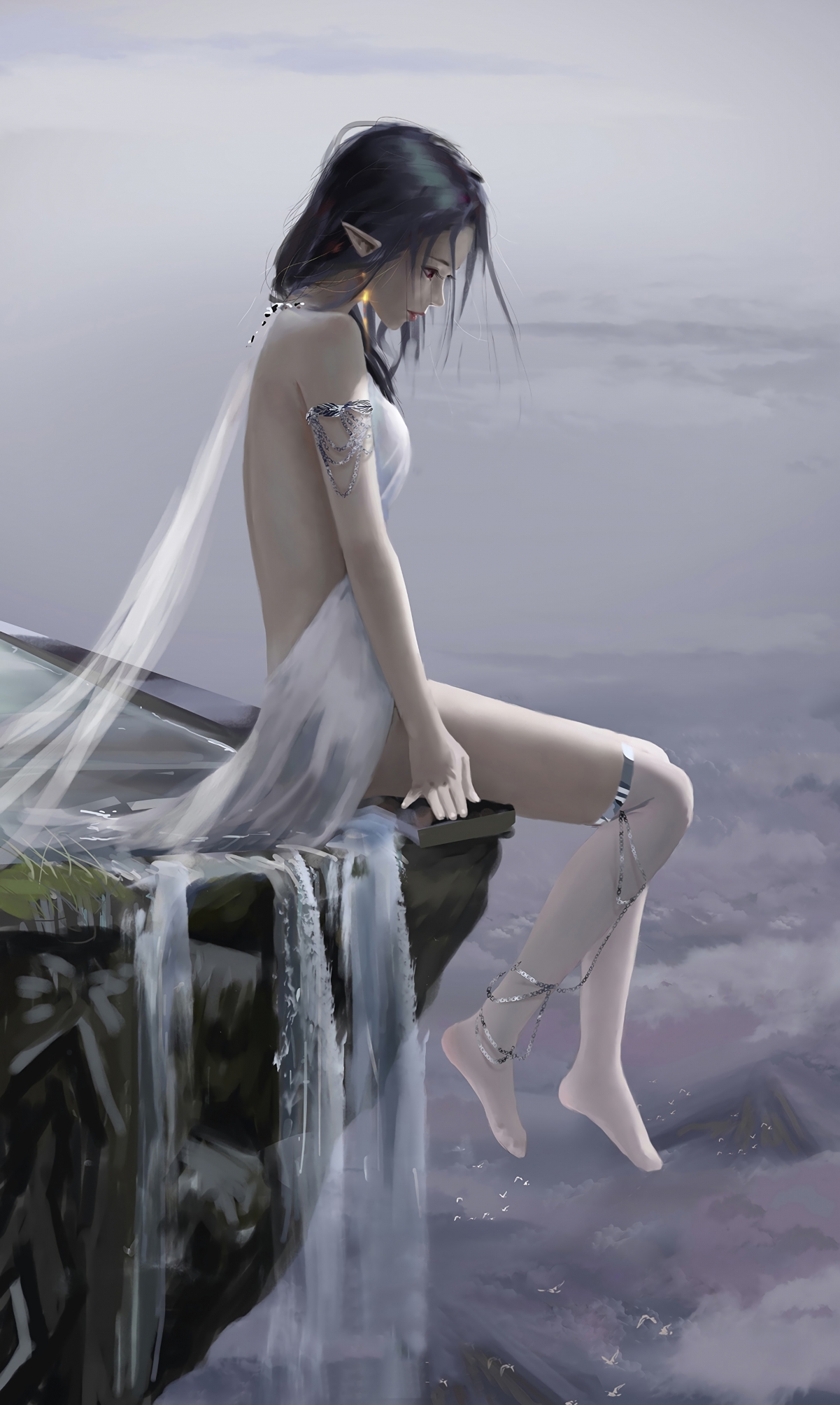 悬崖边静坐女孩唯美插画，高清4K手机壁纸竖屏，美女图片2392x4000分辨率，免费下载