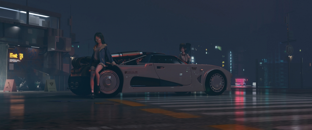 女生驾跑车穿梭城市夜景，4K超清动漫壁纸3440x1440免费下载