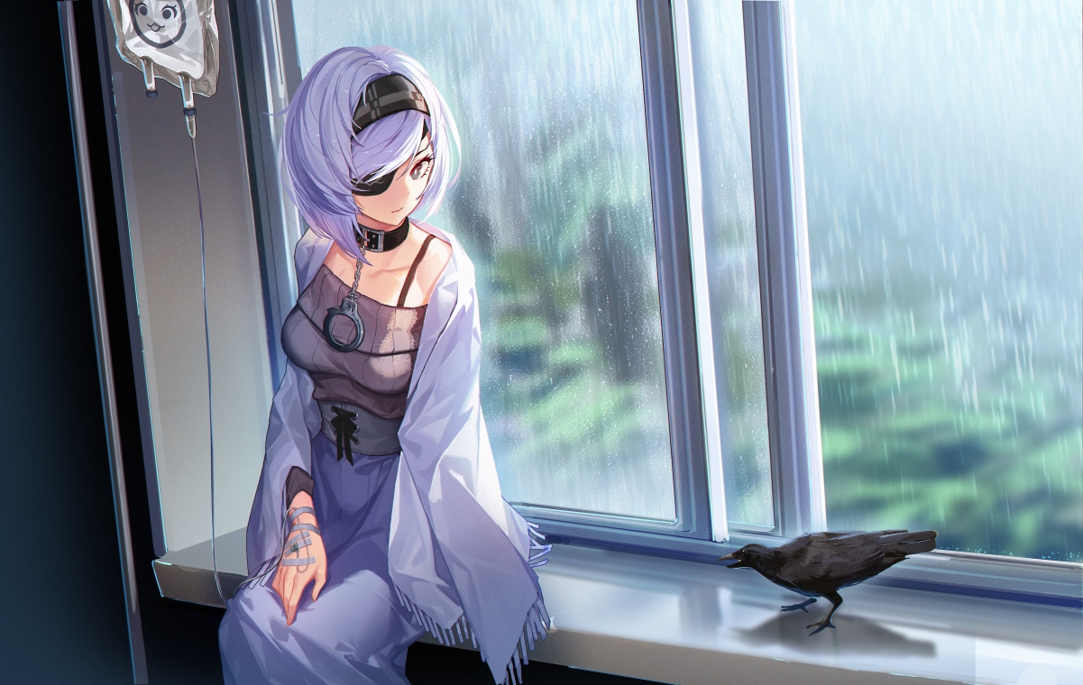 窗前小鸟与短发女孩，深邃黑眸，精选5K/4K高清动漫壁纸，尺寸5747x3636免费下载