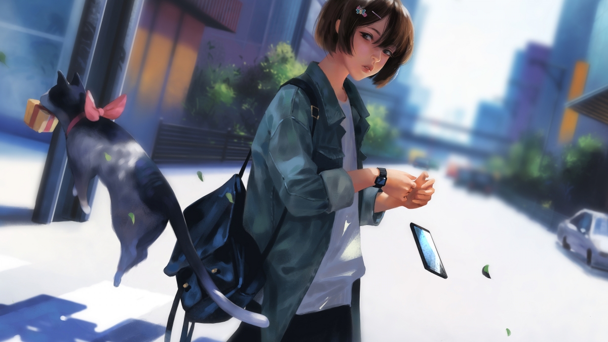 学生女孩穿搭时尚，书包手机随行，猫咪伴行斑马线，精选4K动漫壁纸，超清下载！