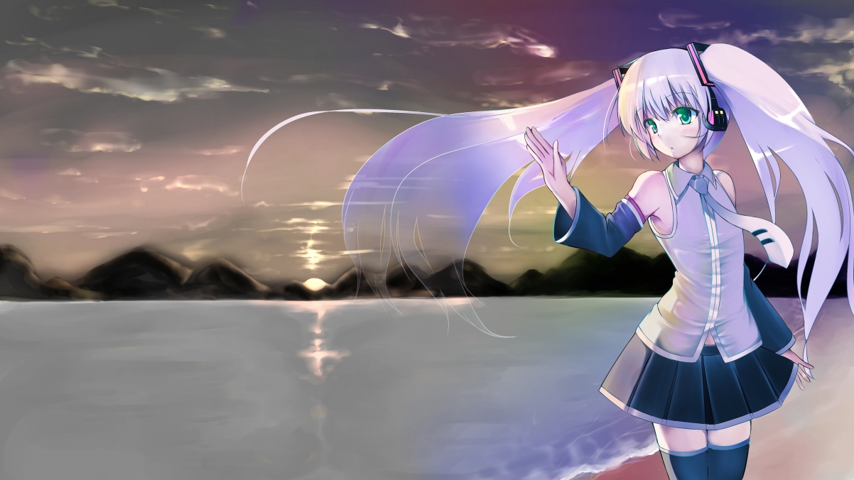 海边日落下的初音未来，绝美4K壁纸与动漫图片高清下载