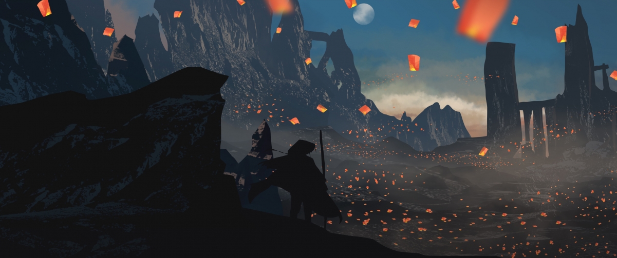 高清动漫壁纸，天空灯笼月亮斗篷，带鱼屏4K超清，3440x1440免费下载