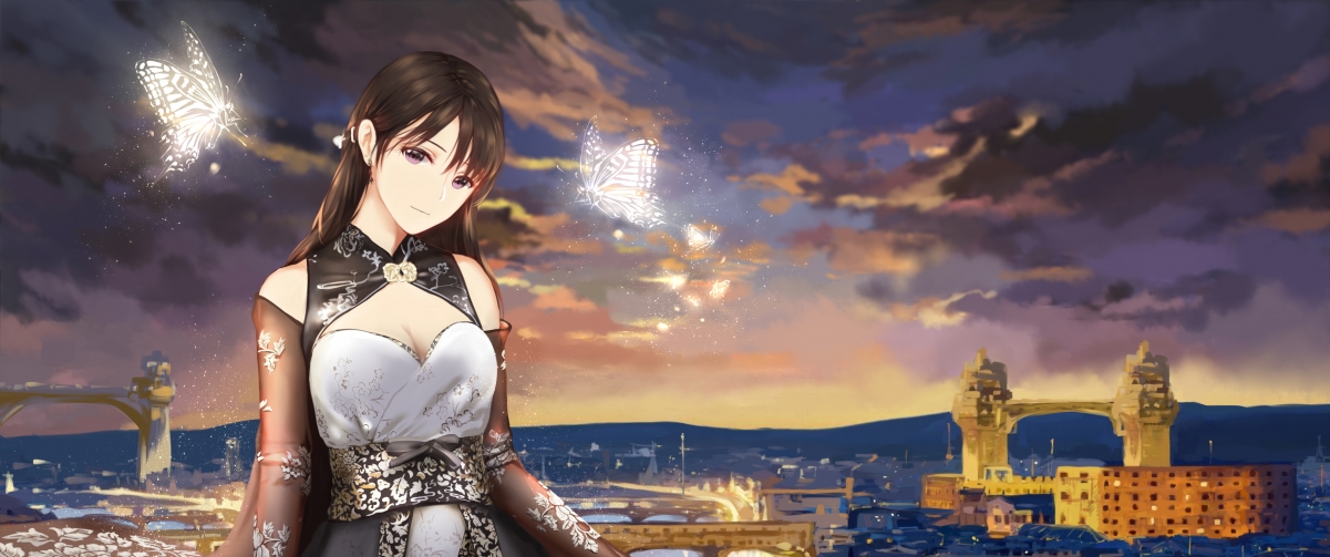 城市建筑融合唯美蝴蝶，动漫女孩4K高清壁纸，3440x1440超清下载