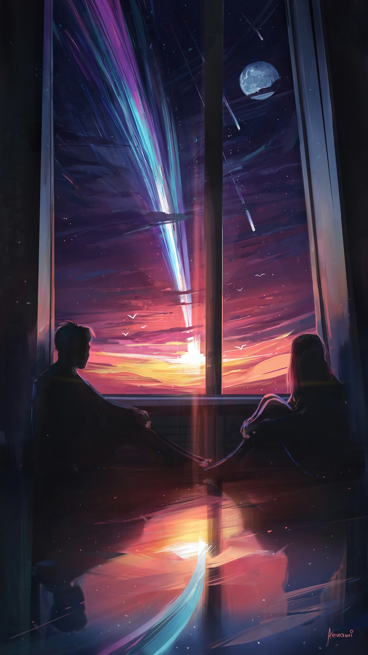 情侣观星，流星划过夜空的唯美瞬间，高清4K竖屏手机壁纸（2160x3840）免费下载