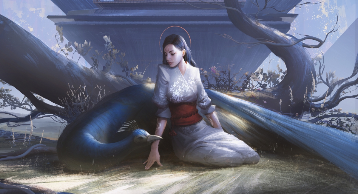 女孩与孔雀绝美插画，4K高清动漫壁纸，超清4000x2166分辨率，免费下载