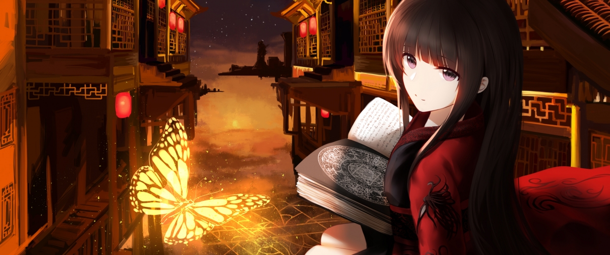 夜晚古典建筑中的蝴蝶与日本动漫美女，高清4K壁纸下载