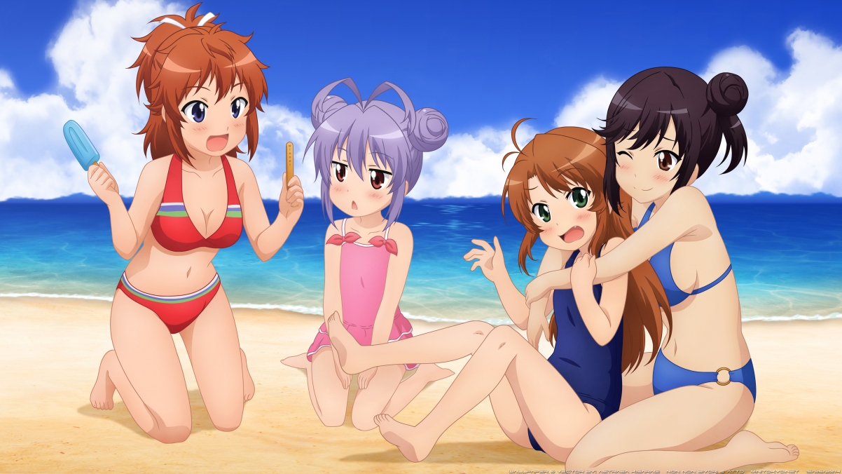 4K高清壁纸下载，海边沙滩泳装四少女，动漫风格，绝美呈现！