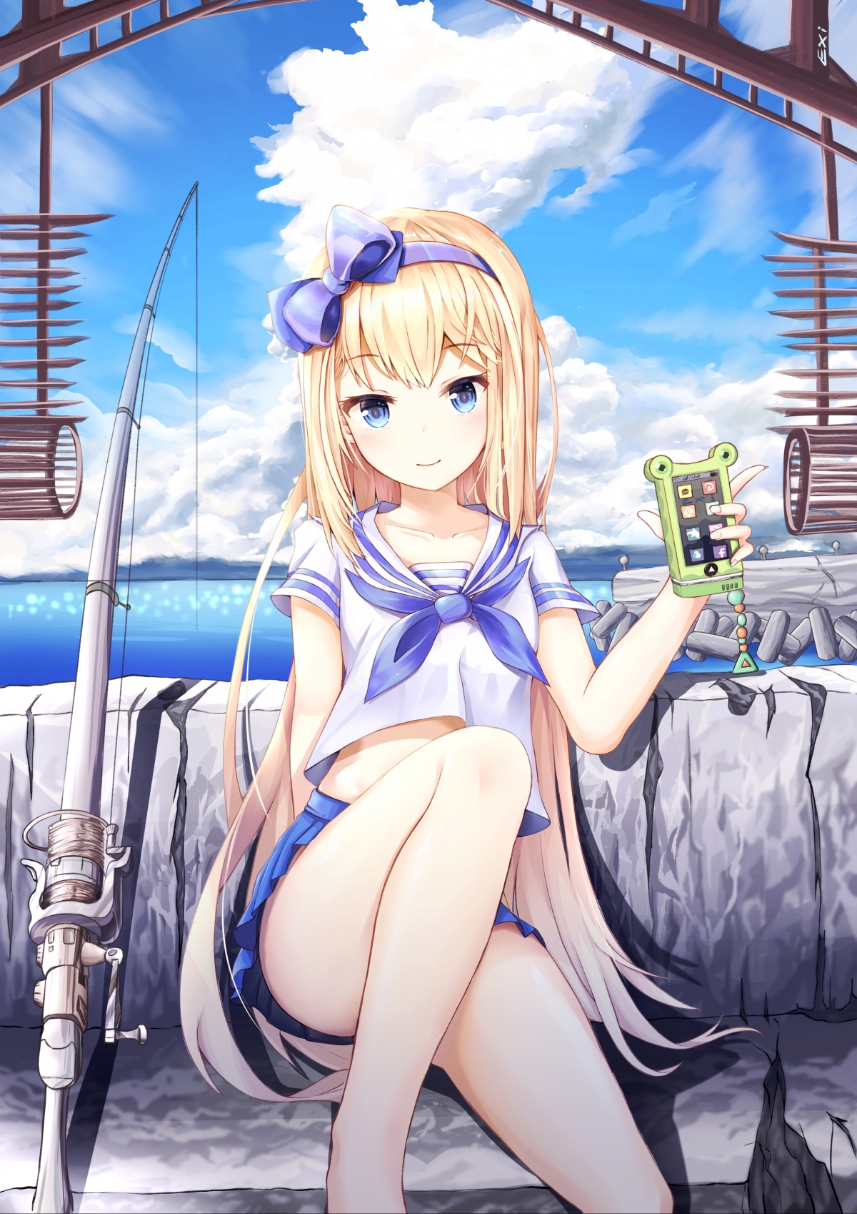 少女水手服插画，海边天空美景，高清4K手机壁纸下载（2480x3508）
