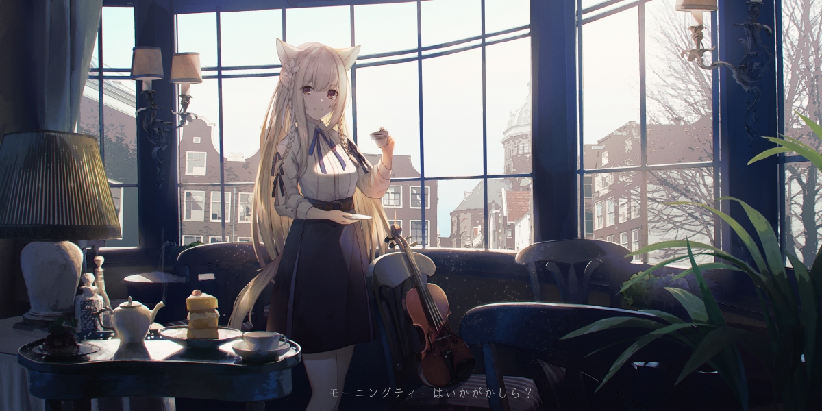 少女兽耳女孩，长发飘逸，黑色裙摆，优雅拉琴——精选5K动漫壁纸，高清4K图片，5000x2500超高清下载