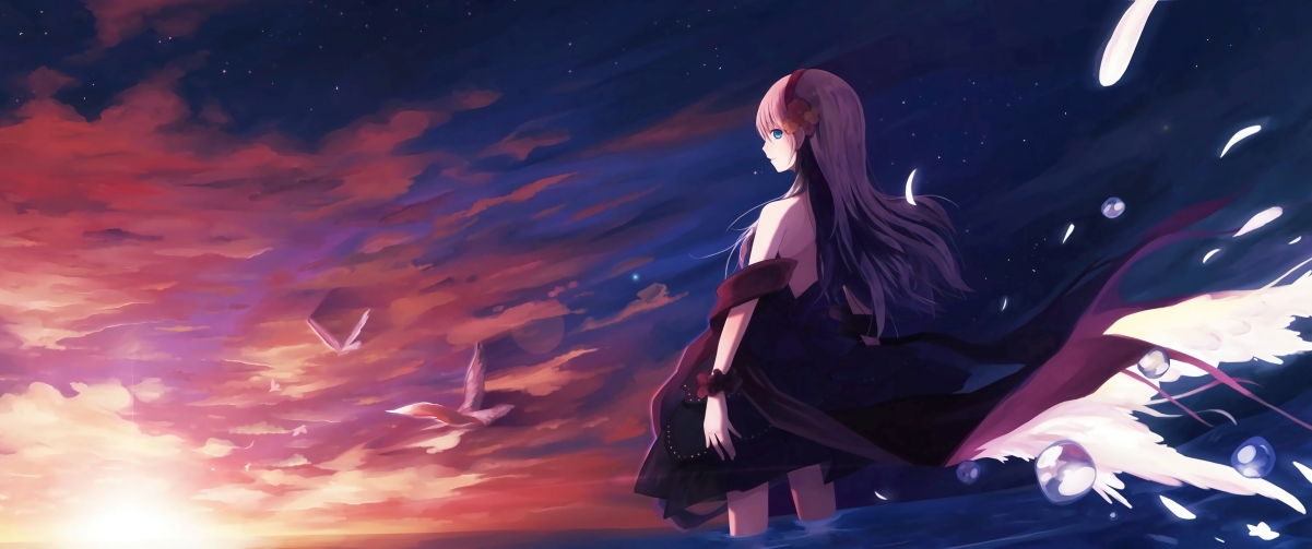 唯美动漫壁纸，少女与天空鸟群共舞，高清3440x1440风景图片免费下载
