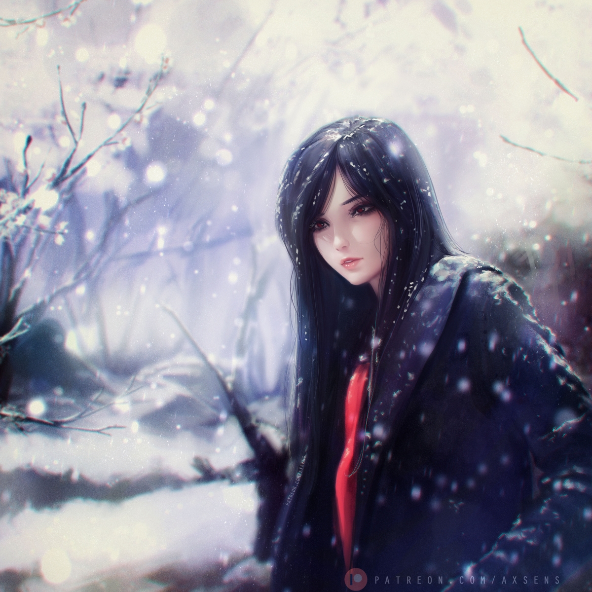 降雪中的长发女孩，绝美4K动漫壁纸，超清4000x4000下载享受