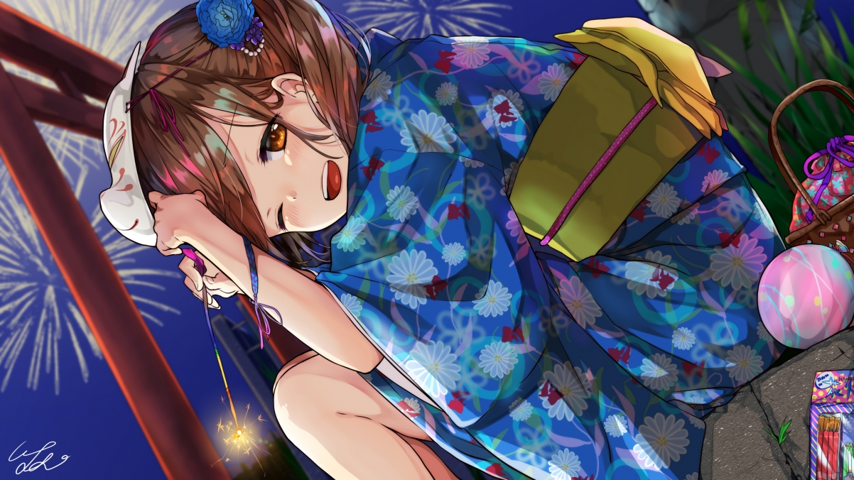 小女孩和服迎新年，面具烟花共绽放！4K超清动漫壁纸，3840x2160高清下载