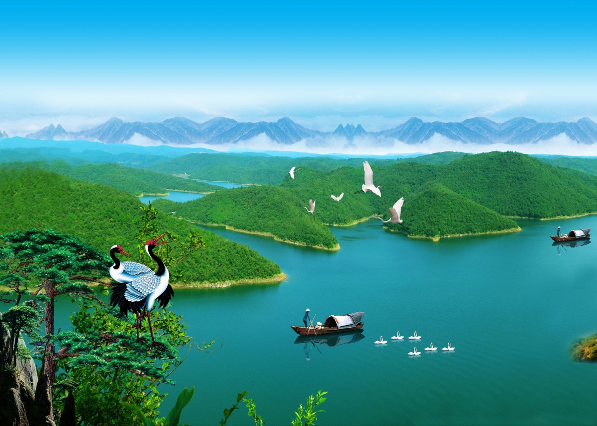 绝美山水画卷，仙鹤翩跹，3D背景墙纸，4K超清壁纸免费下载（4000x2860）