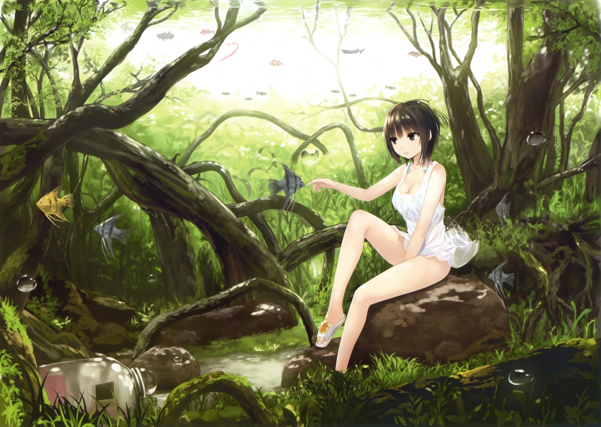 森林秘境，水鱼嬉戏，短发萌妹动漫壁纸，4K高清3300x2344下载